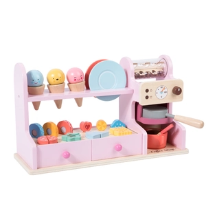 Wooden coffee shop toy set with pastel ice cream and pastries for kids pretend play