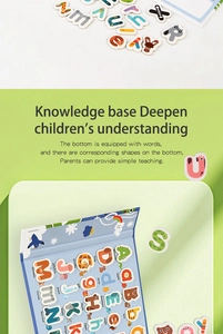 Detail of wooden alphabet puzzle board with colorful letters and animal pattern illustrations