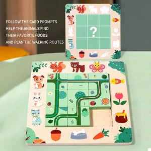 Kids logic maze puzzle board game with sliding path tiles and wooden animal challenge cards