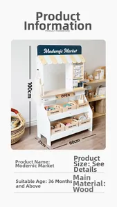 Vue détaillée du magasin de jouets en bois avec étagères et cagettes de fruits