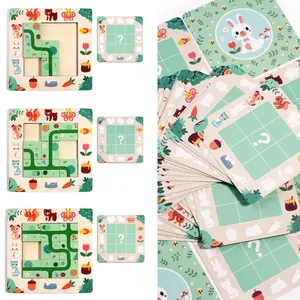 Logic path puzzle game for kids with wooden animal blocks and challenge cards