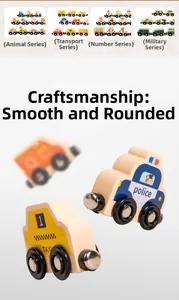 Detail view of wooden magnetic train toy cars with animal and number printed patterns