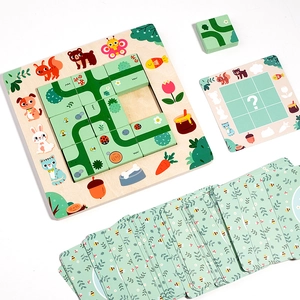 Educational logic maze puzzle game for children with wooden animals and colorful path tiles