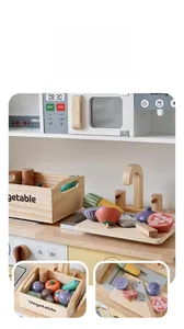 Détail d'un ensemble de jouets en bois comprenant des légumes coupés et une planche à découper