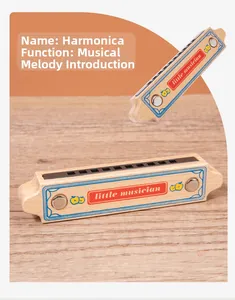Detail of wooden 10-hole harmonica for toddlers with cute apple design and text