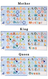 Detail showing magnetic wooden letters forming Mother King and Queen on word board