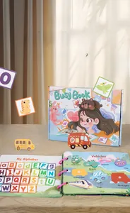 Detail of Montessori busy book with interactive alphabet and vehicle stickers for kids