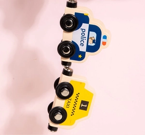 Vertical view of magnetic wooden police car and taxi toy for toddlers learning