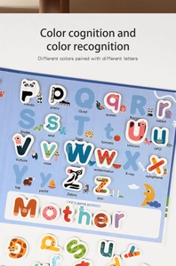 Detail of wooden magnetic alphabet tiles forming the word Mother with cartoon animal icons
