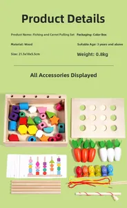 Détails des pièces du jeu de pêche et carottes en bois, taille 21,5x18x5,5cm, éducatif