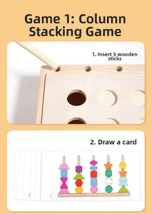 Détail macro du jeu de chevilles en bois avec base, bâtons et cartes d'instructions