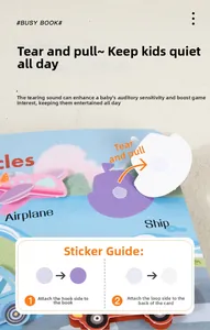 Detail of Montessori busy book showing interactive velcro airplane and ship stickers