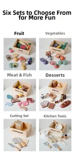 Vue détaillée de six ensembles de jouets en bois comprenant fruits, légumes et desserts