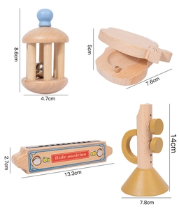 Detailed dimensions for wooden baby rattle, castanet, harmonica and trumpet set