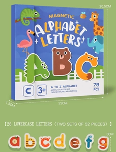 Detailed view of 78pcs magnetic animal letters and storage box with size specifications