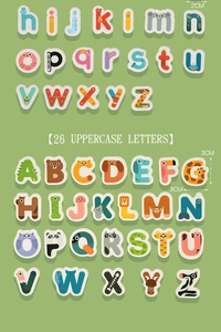 Detail of animal-themed wooden 26 uppercase letters for kids' spelling and early learning