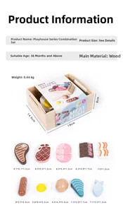 Détail d'un ensemble d'aliments de jeu en bois avec viande et poisson en plateau