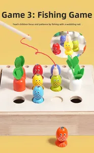 Détail du jouet de pêche magnétique avec poissons en bois colorés et carottes