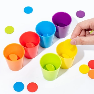 Kids color sorting toy set with vibrant plastic stacking cups and matching wood discs