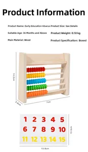 Detalle del ábaco de madera colorido con dimensiones y pegatinas numéricas para aritmética