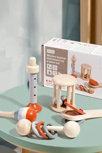 5-piece wooden infant musical instrument set featuring hand bells and maracas in Morandi colors