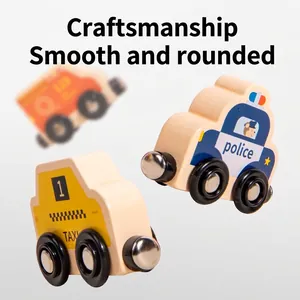 Magnetic wooden animal number train set with colorful police car and taxi models