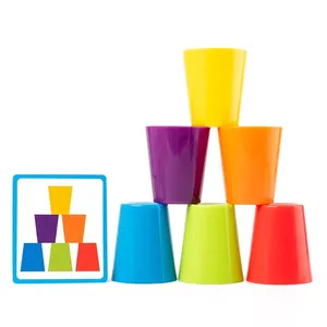 Colorful stacking cups set for kids' hand-eye coordination with challenge cards
