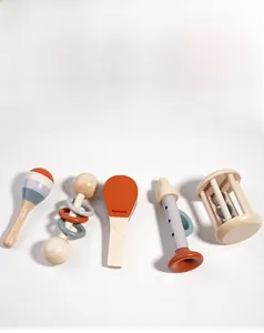 Detailed view of 5-piece natural wooden baby musical instruments for early education