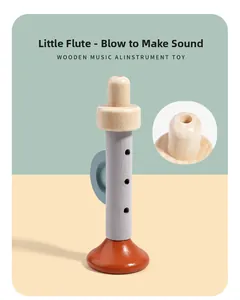 Detail of wooden trumpet toy with smooth texture and enlarged view of the mouthpiece