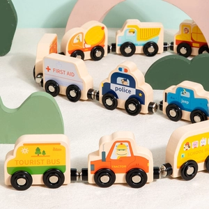 Magnetic wooden animal number train set with police car, ambulance and school bus