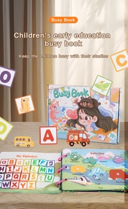 Close-up of interactive alphabet and transport stickers in Montessori quiet book