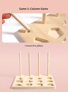 Detailed view of children's wooden column game showing how to insert five geometric pillars