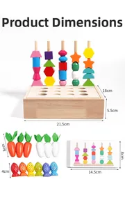 Détails des composants du jouet en bois Montessori avec dimensions et blocs colorés