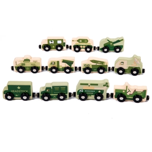 Magnetic 11-piece military wooden toy train set with tanks and vehicle wagons