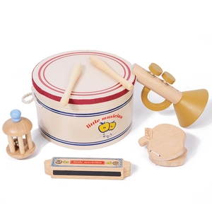 5-piece wooden musical instrument set for infants featuring little musician branding