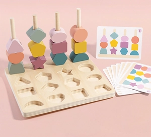 Macro shot of wooden geometric sorting blocks and instructional cards for early learning