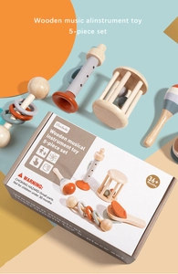 Detailed 5-piece wooden baby musical instrument set including bells, flute and shakers