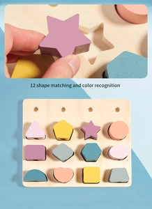 Close-up of 12 colorful wooden geometric shapes and matching board for toddlers