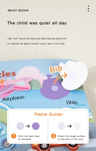 Detail of Montessori busy book showing airplane and ship pages with velcro stickers