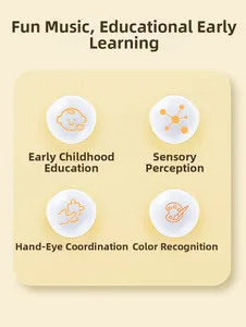 Educational music toy features infographic showing sensory and motor skills development