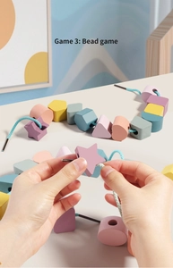 Detail of wooden macaron beads being threaded to enhance children fine motor skills
