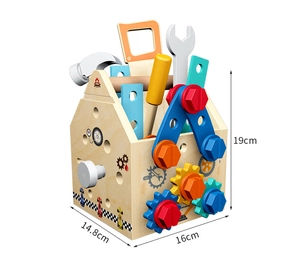 Detailed dimensions of the wooden kids tool box set showing 16cm width and 19cm height