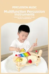 Asian child playing with a multi-functional wooden percussion musical toy set with drum