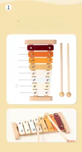 Detail view of colorful eight-tone wooden xylophone with two natural wooden mallets