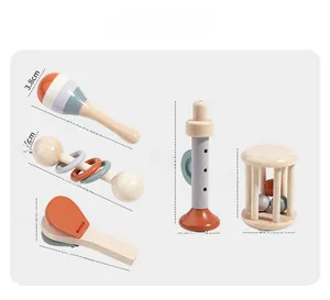 Detailed size specifications for 5-piece wooden baby musical instrument set with dimensions
