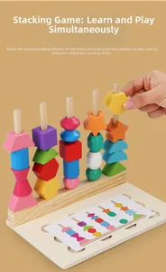 Détail d'une main d'enfant plaçant des blocs géométriques sur le jouet éducatif à 5 colonnes