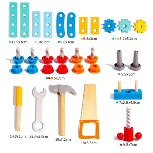 Detailed dimensions of wooden tool toy components including hammer, wrench and screws