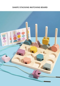 Macro view of macaron wooden geometry blocks and threading string on the matching board