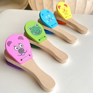 Cartoon animal wooden castanets set for babies in pink, green, blue and yellow