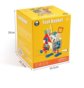 Detailed view of kids wooden tool basket packaging with 20cm x 16.5cm dimensions